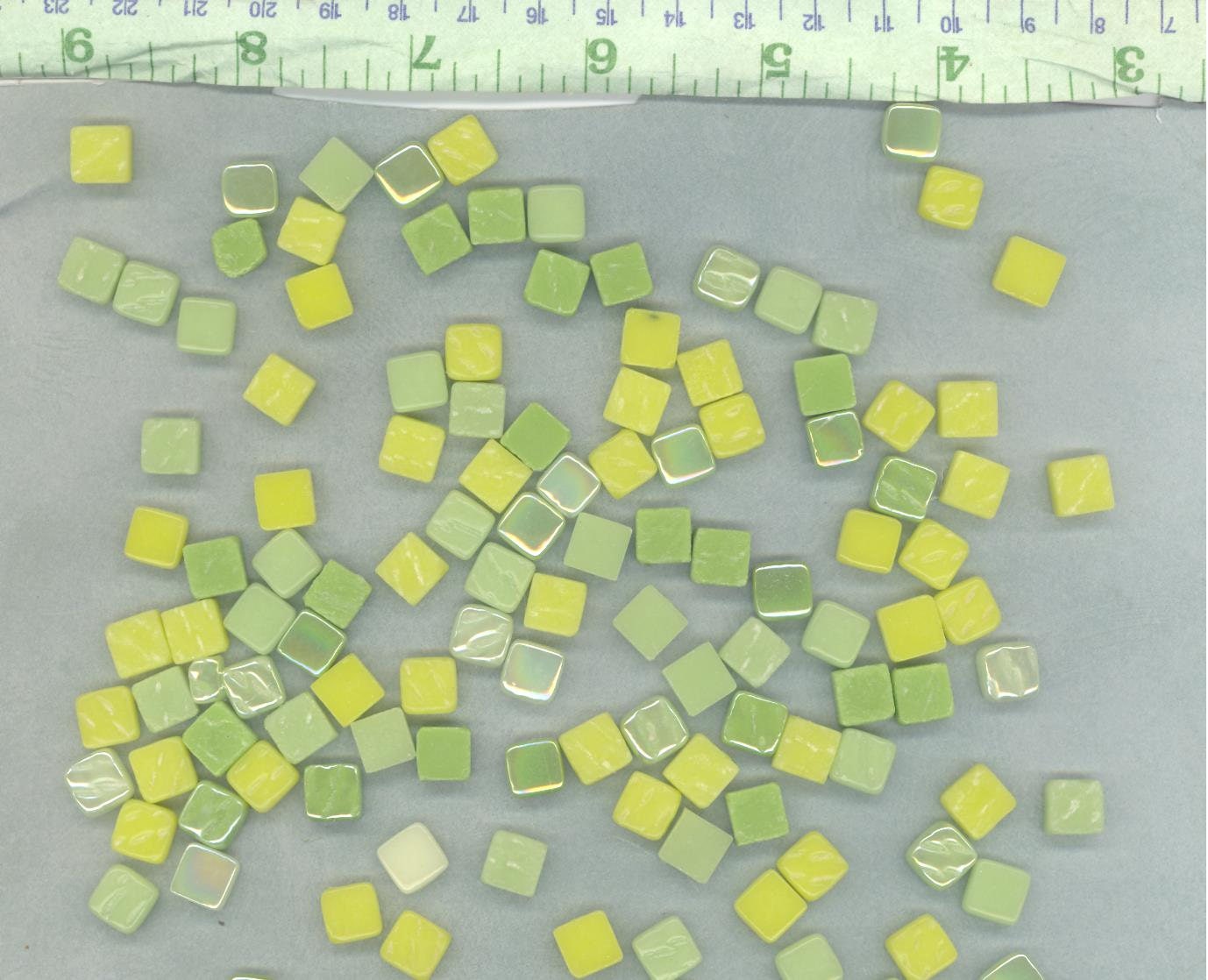 Lemon Lime Mix Mini Glass Tiles - 8mm Square - 50 grams Opaque Glass Solid Color Mix of Green and Yellow Iridescent and Matte Tiles