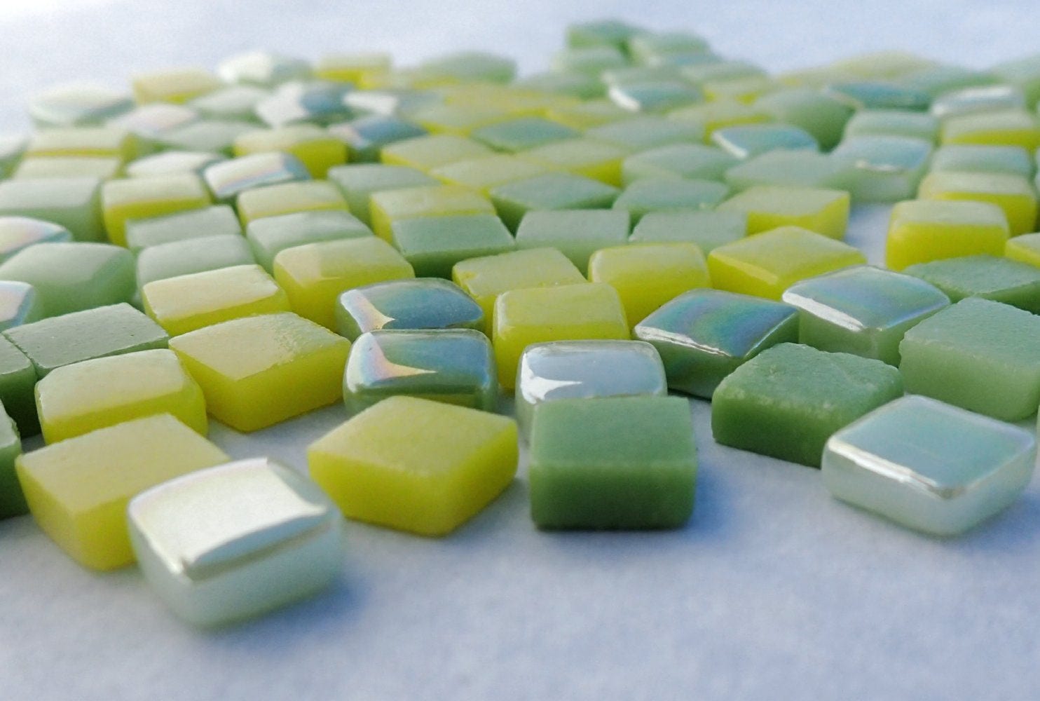Lemon Lime Mix Mini Glass Tiles - 8mm Square - 50 grams Opaque Glass Solid Color Mix of Green and Yellow Iridescent and Matte Tiles