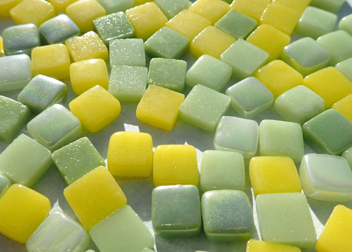 Lemon Lime Mix Mini Glass Tiles - 8mm Square - 50 grams Opaque Glass Solid Color Mix of Green and Yellow Iridescent and Matte Tiles