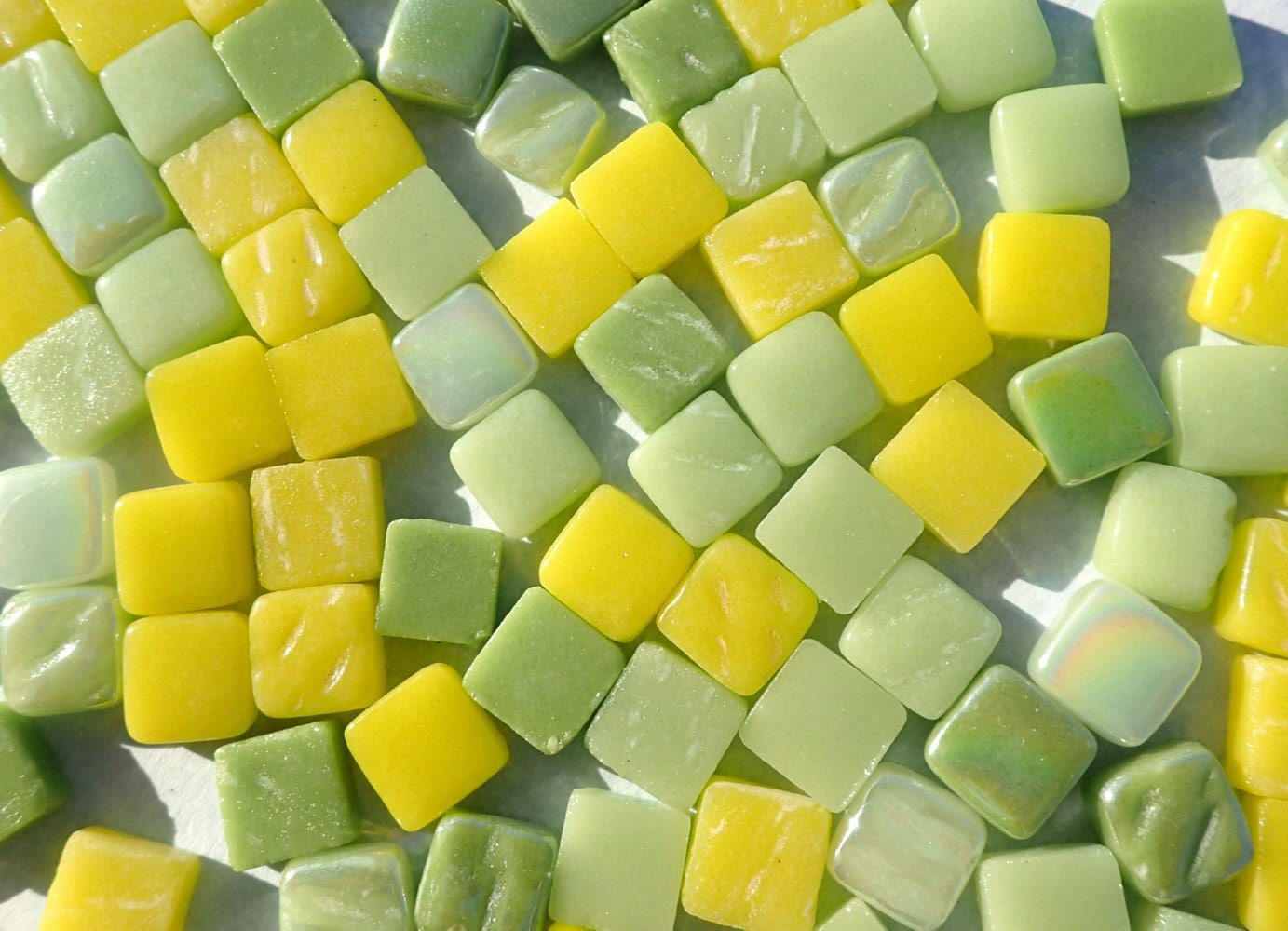 Lemon Lime Mix Mini Glass Tiles - 8mm Square - 50 grams Opaque Glass Solid Color Mix of Green and Yellow Iridescent and Matte Tiles