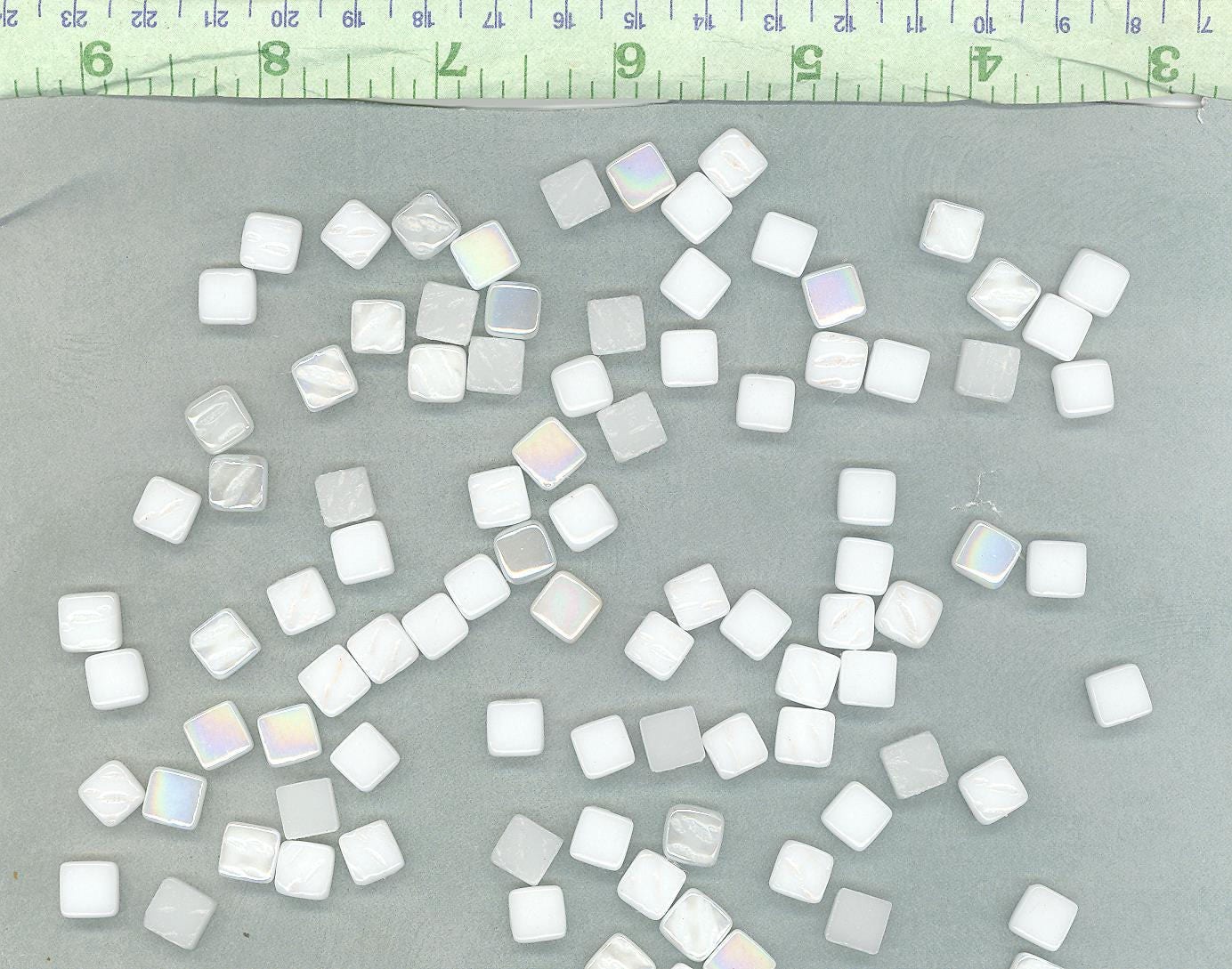 White Mini Glass Tiles - 8mm Square - 50 grams Opaque Glass Solid Color Mix of Glossy Iridescent and Matte Tiles