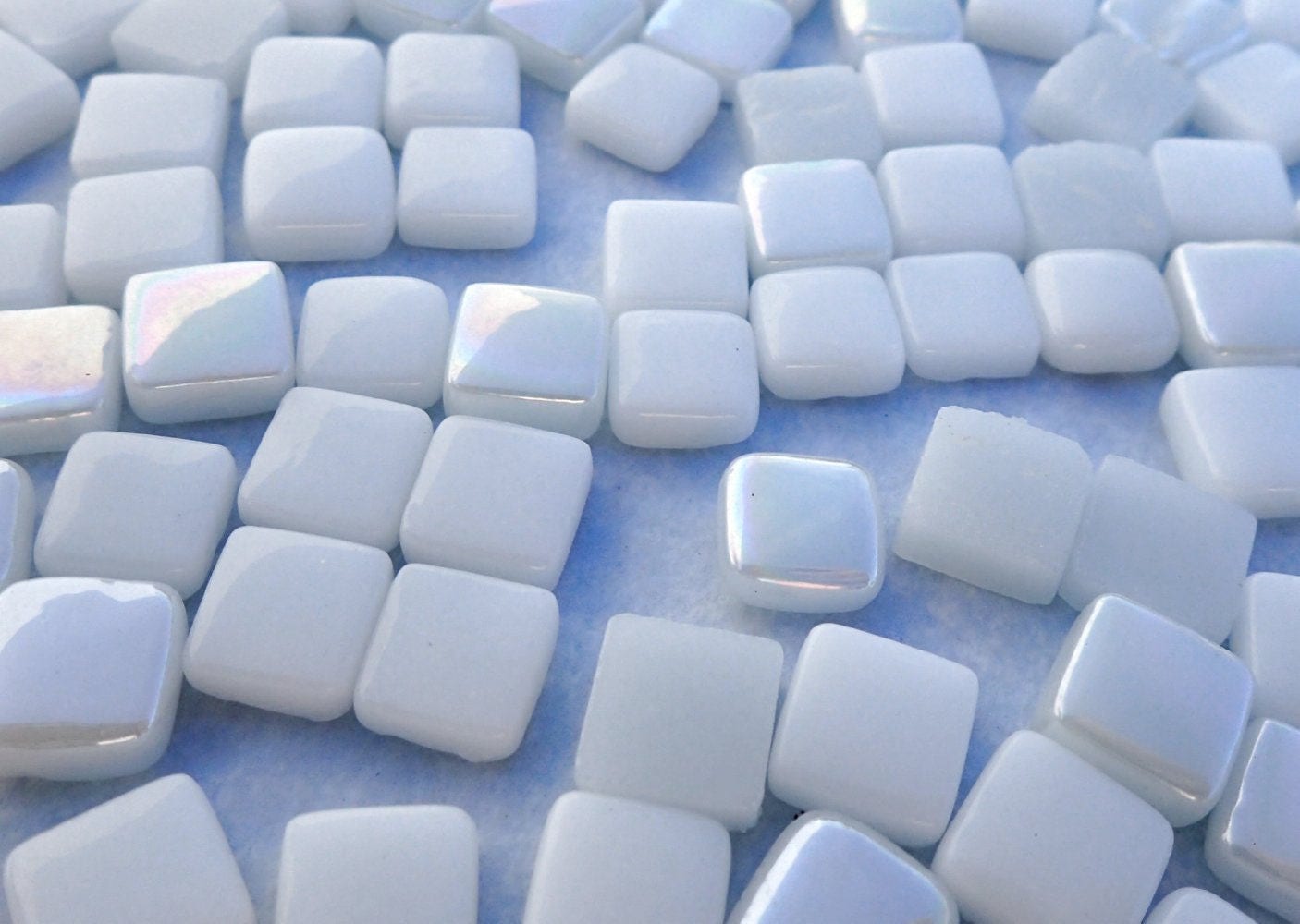 White Mini Glass Tiles - 8mm Square - 50 grams Opaque Glass Solid Color Mix of Glossy Iridescent and Matte Tiles