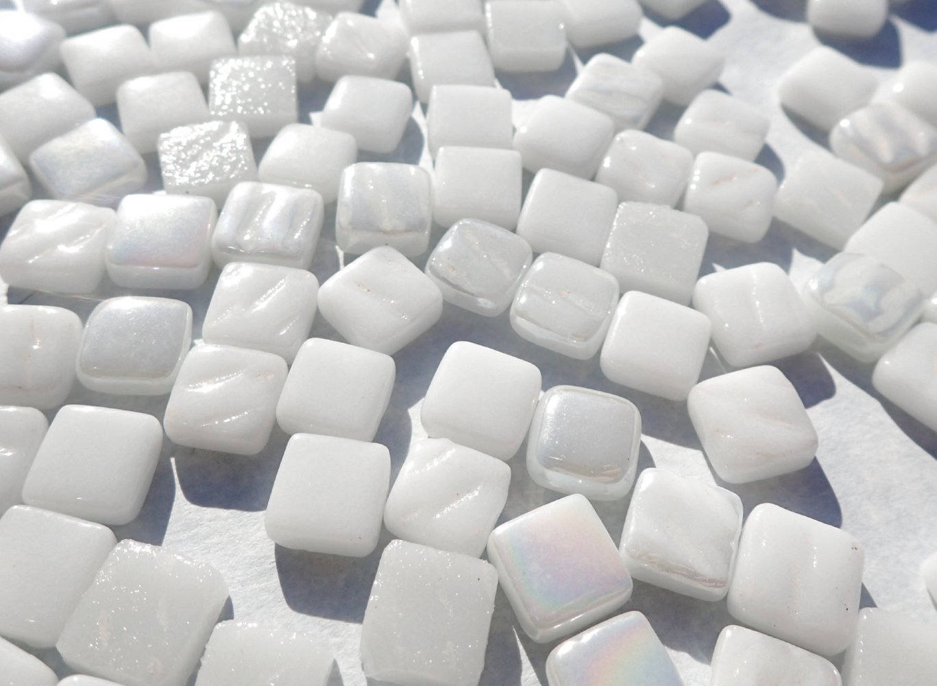 White Mini Glass Tiles - 8mm Square - 50 grams Opaque Glass Solid Color Mix of Glossy Iridescent and Matte Tiles