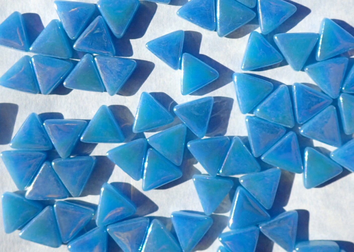 Small Blue Triangle Iridescent Glass Mosaic Tiles - 10mm - 50g in Dusk Blue - Approx 70 Tiles
