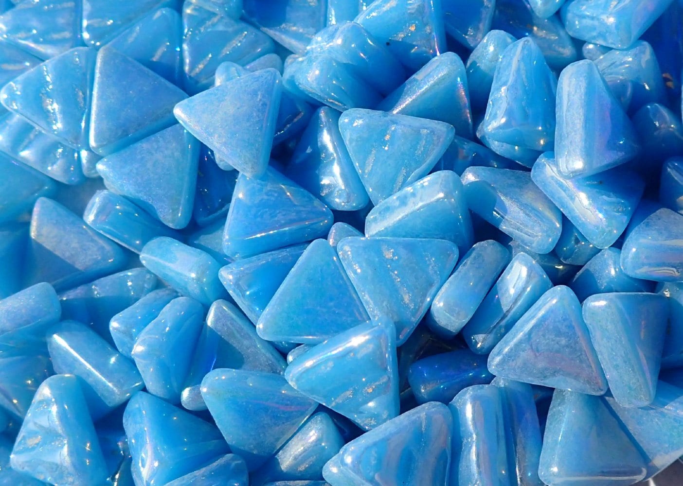 Small Blue Triangle Iridescent Glass Mosaic Tiles - 10mm - 50g in Dusk Blue - Approx 70 Tiles
