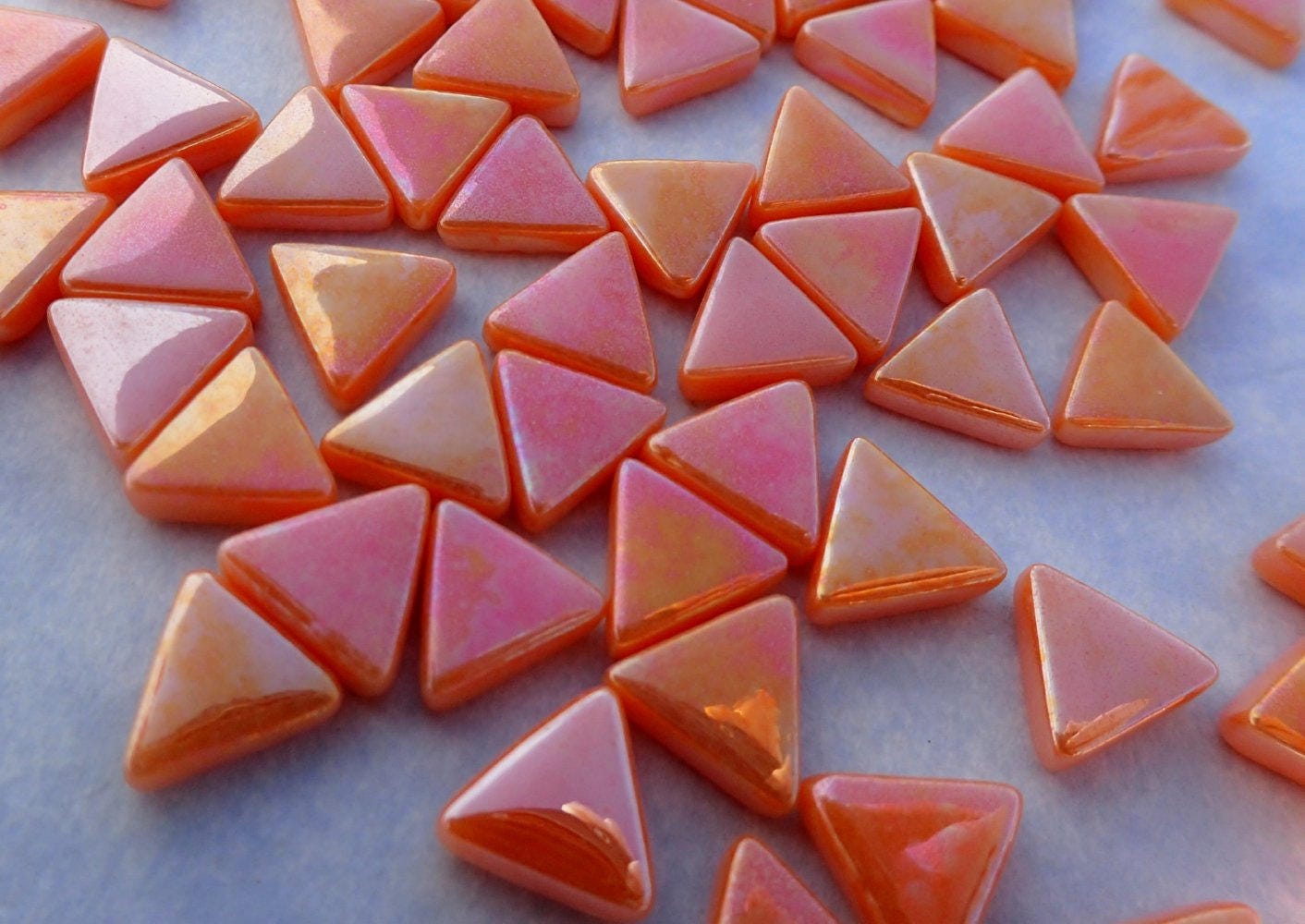 Small Orange Triangle Iridescent Glass Mosaic Tiles - 10mm - 50g of Triangles in Pearl Finish - Approx 70 Tiles