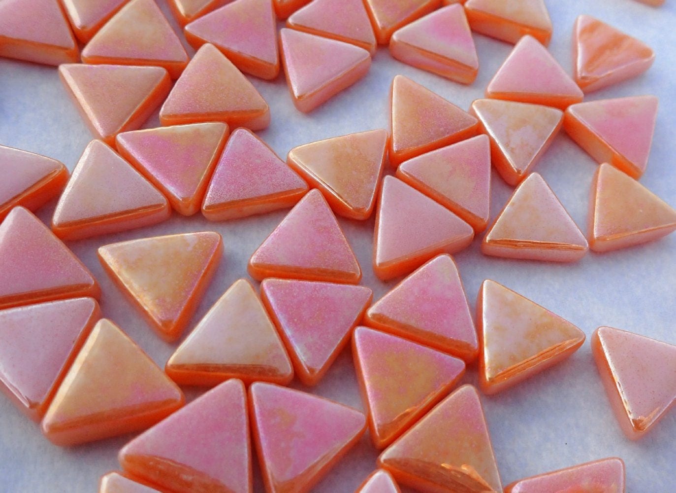 Small Orange Triangle Iridescent Glass Mosaic Tiles - 10mm - 50g of Triangles in Pearl Finish - Approx 70 Tiles
