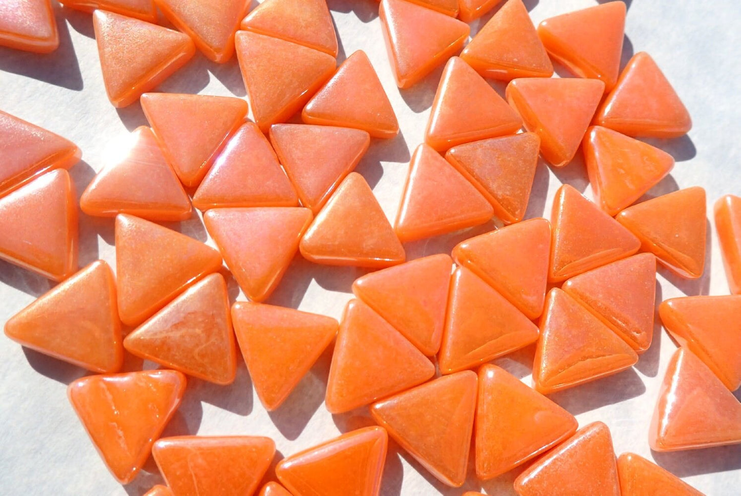 Small Orange Triangle Iridescent Glass Mosaic Tiles - 10mm - 50g of Triangles in Pearl Finish - Approx 70 Tiles