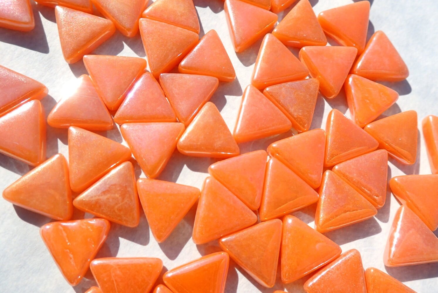 Small Orange Triangle Iridescent Glass Mosaic Tiles - 10mm - 50g of Triangles in Pearl Finish - Approx 70 Tiles