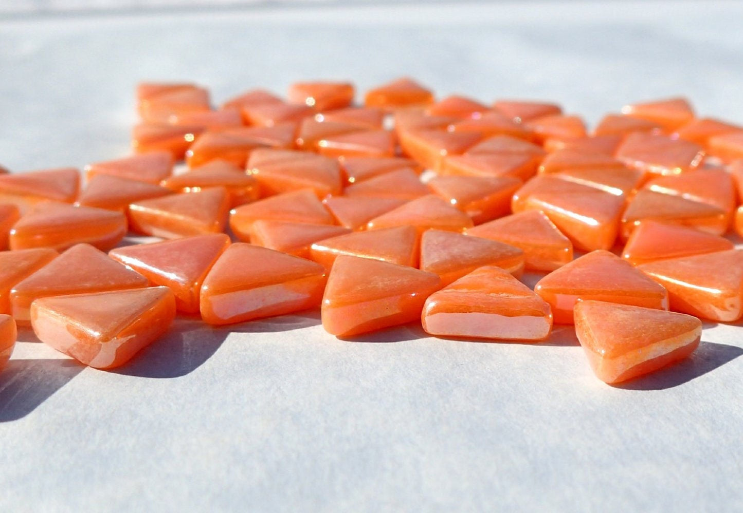 Small Orange Triangle Iridescent Glass Mosaic Tiles - 10mm - 50g of Triangles in Pearl Finish - Approx 70 Tiles