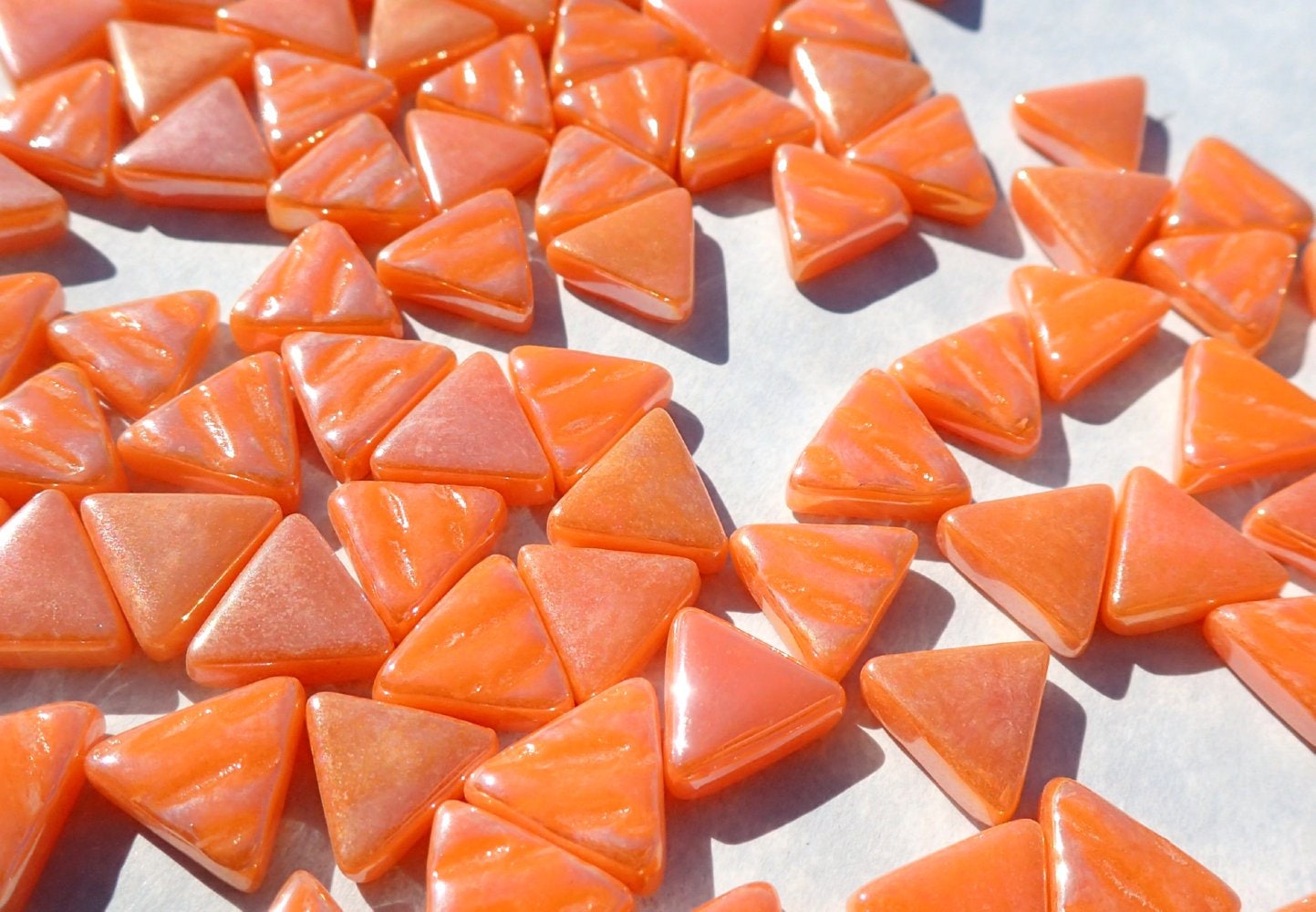 Small Orange Triangle Iridescent Glass Mosaic Tiles - 10mm - 50g of Triangles in Pearl Finish - Approx 70 Tiles