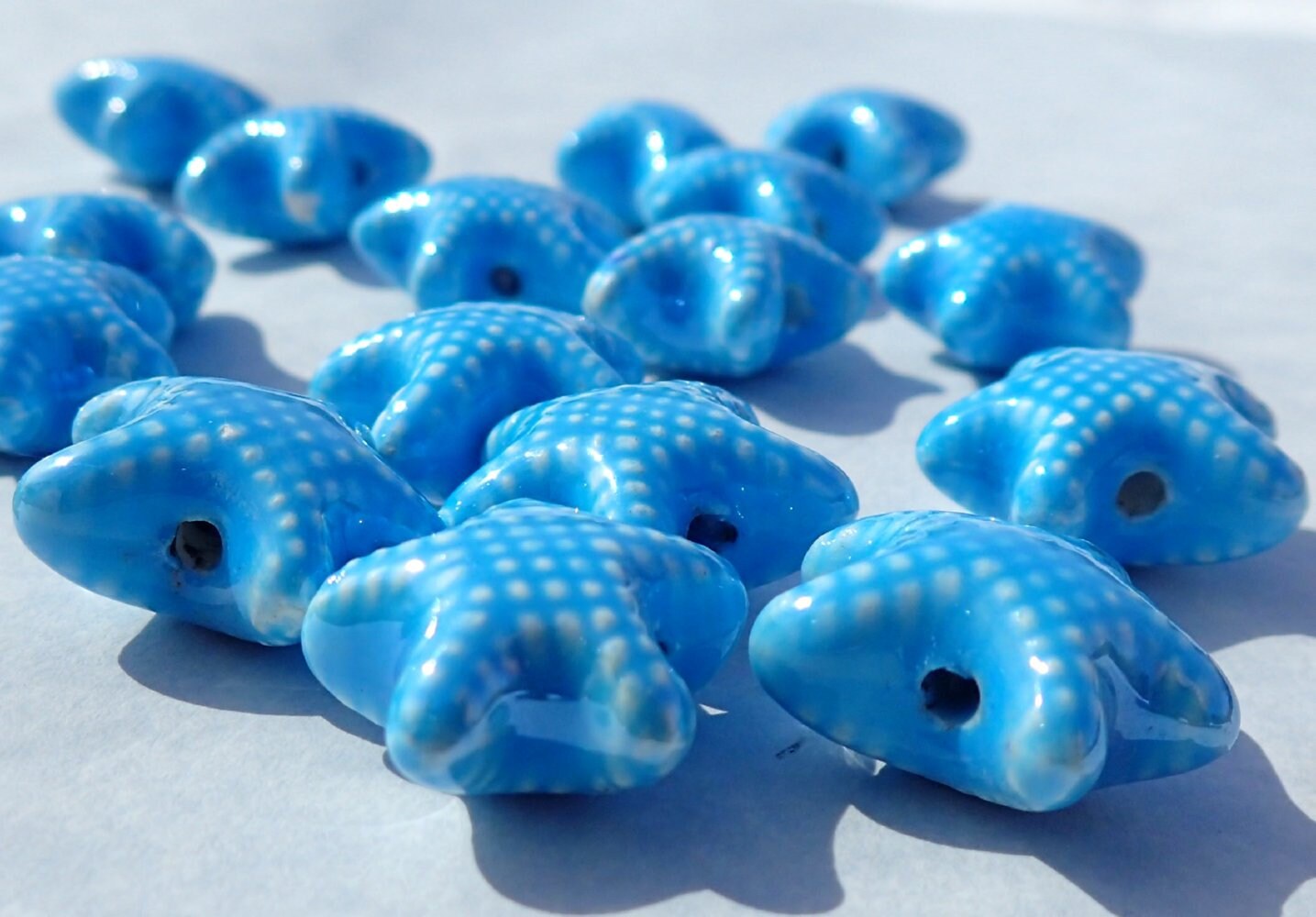 Light Blue Starfish Beads - Ceramic Mosaic Tiles - 10 Puffy Beads - Sea Stars