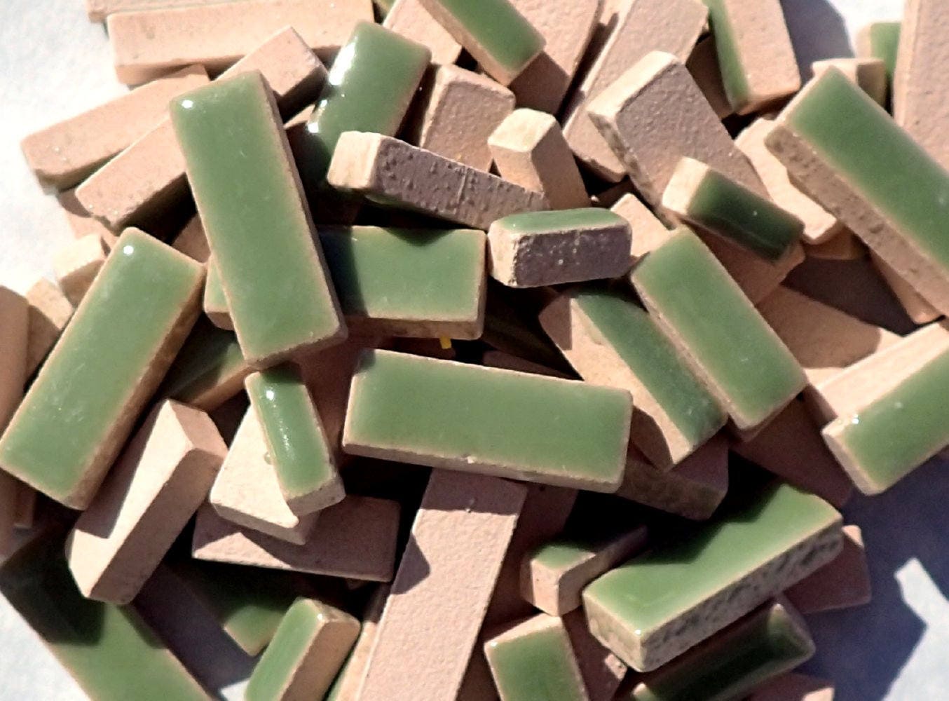 Jade Green Mini Rectangles Mosaic Tiles - 50g Ceramic in Mix of 3 Sizes 1/2" and 3/4"