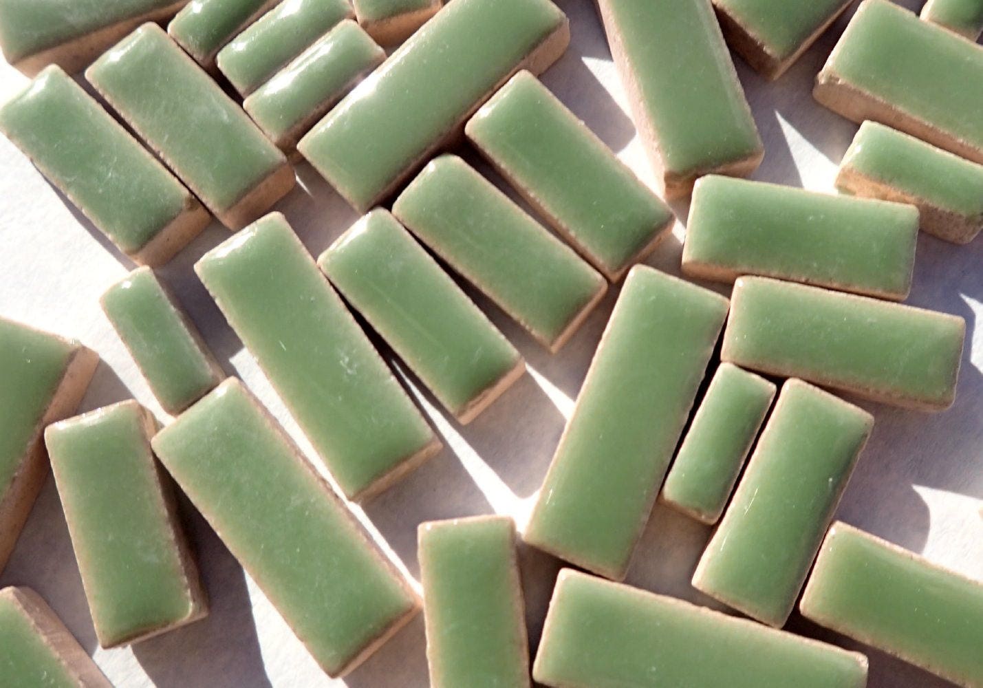 Jade Green Mini Rectangles Mosaic Tiles - 50g Ceramic in Mix of 3 Sizes 1/2" and 3/4"
