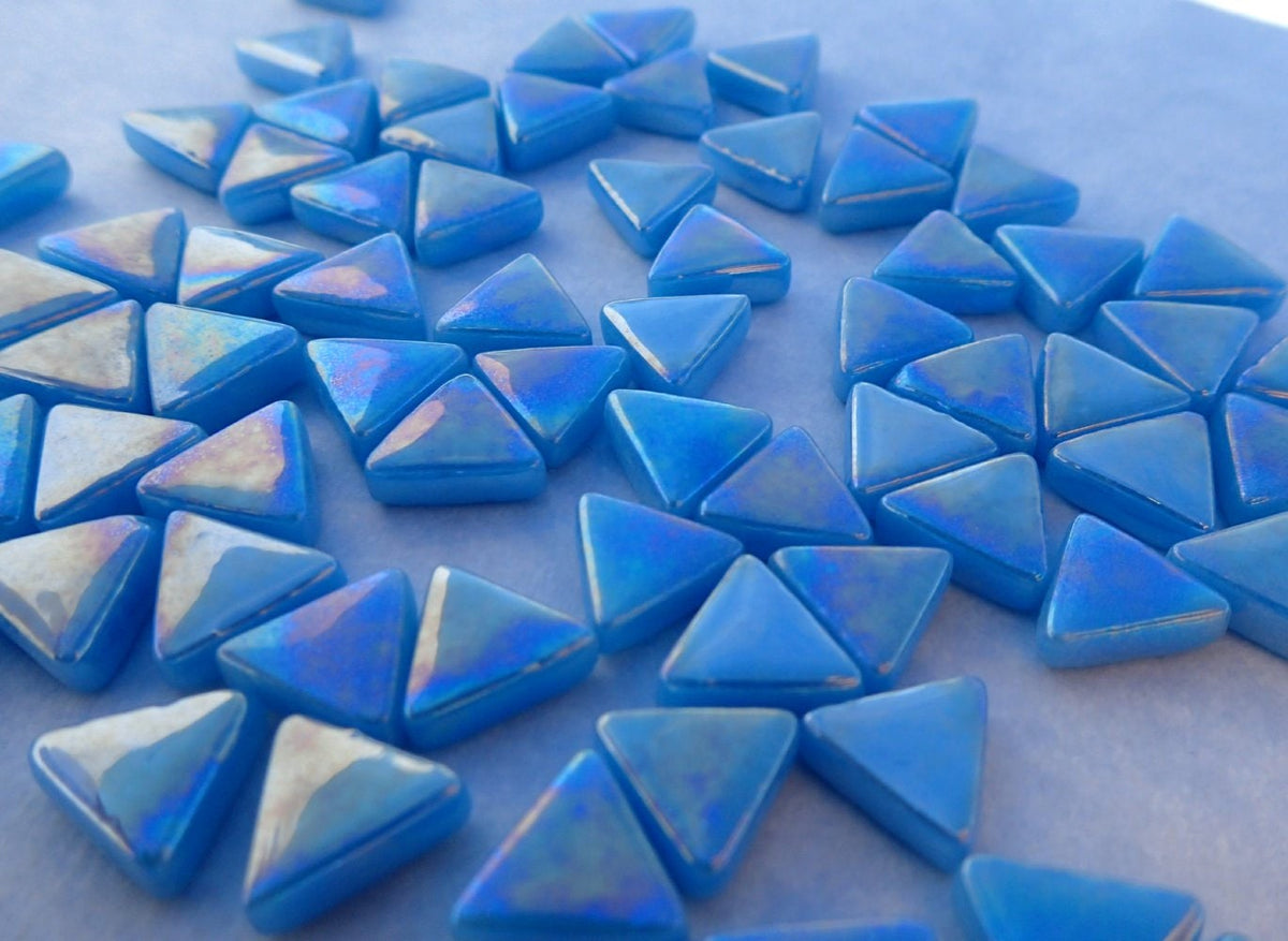 Small Blue Triangle Iridescent Glass Mosaic Tiles - 10mm - 50g in Dusk Blue - Approx 70 Pieces