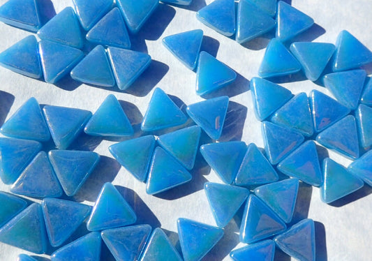 Small Blue Triangle Iridescent Glass Mosaic Tiles - 10mm - 50g in Dusk Blue - Approx 70 Tiles