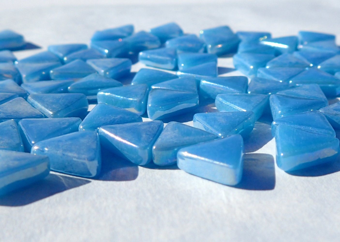 Small Blue Triangle Iridescent Glass Mosaic Tiles - 10mm - 50g in Dusk Blue - Approx 70 Tiles