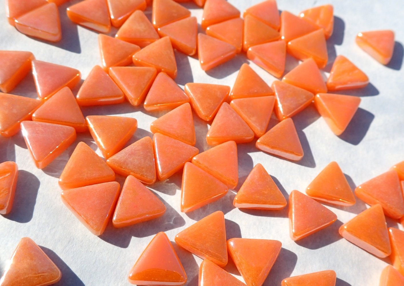Small Orange Triangle Iridescent Glass Mosaic Tiles - 10mm - 50g of Triangles in Pearl Finish - Approx 70 Tiles