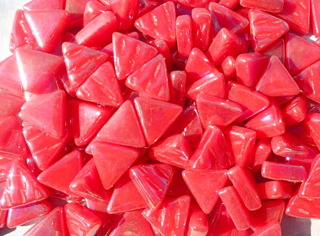 Small Red Triangle Iridescent Glass Mosaic Tiles - 10mm - Opaque Glass Solid Color - 50g of Watermelon in Pearl Finish - Approx 80 Tiles