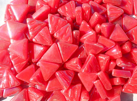 Small Red Triangle Iridescent Glass Mosaic Tiles - 10mm - Opaque Glass Solid Color - 50g of Watermelon in Pearl Finish - Approx 80 Tiles