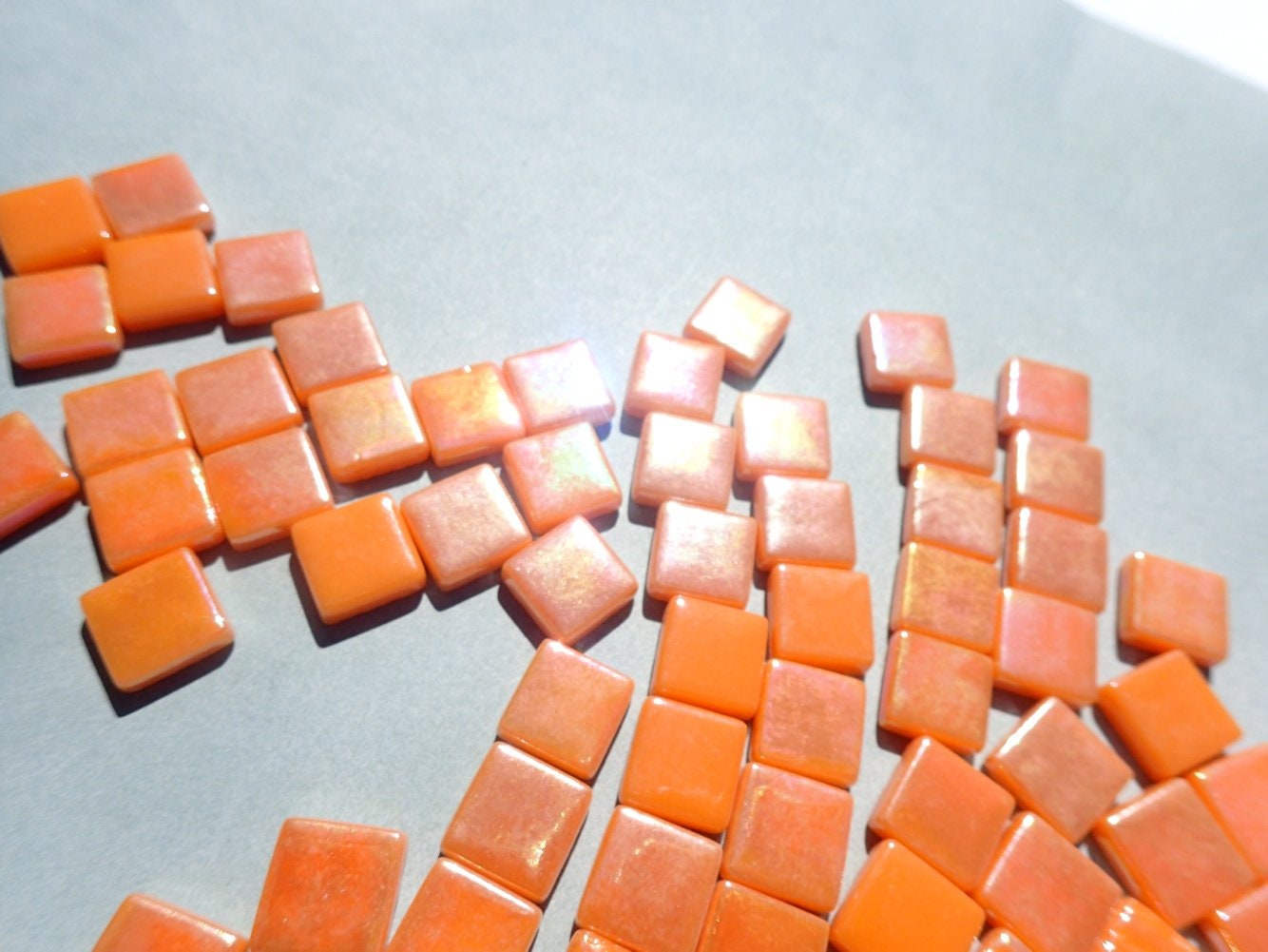 Orange Iridescent Glass Square Mosaic Tiles - 12mm - Opaque Glass Solid Color - 50g - Approx 35 Tiles