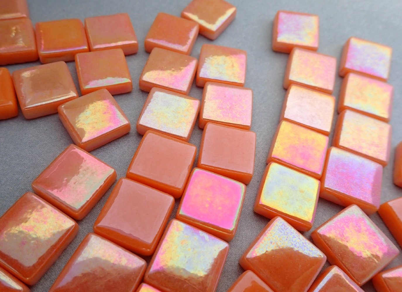 Orange Iridescent Glass Square Mosaic Tiles - 12mm - Opaque Glass Solid Color - 50g - Approx 35 Tiles