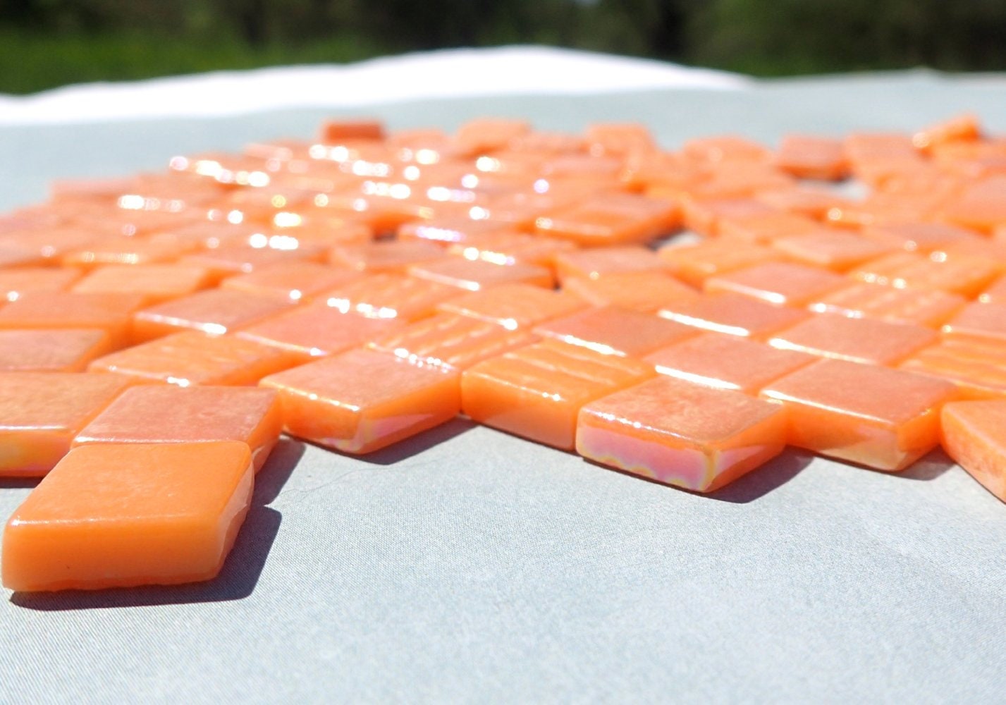 Orange Iridescent Glass Square Mosaic Tiles - 12mm - Opaque Glass Solid Color - 50g - Approx 35 Tiles