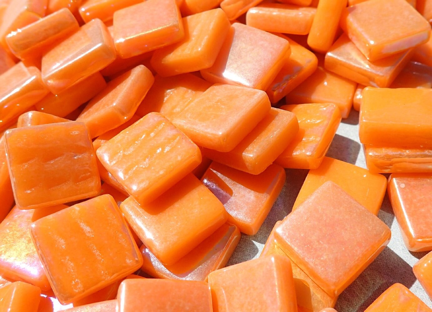 Orange Iridescent Glass Square Mosaic Tiles - 12mm - Opaque Glass Solid Color - 50g - Approx 35 Tiles