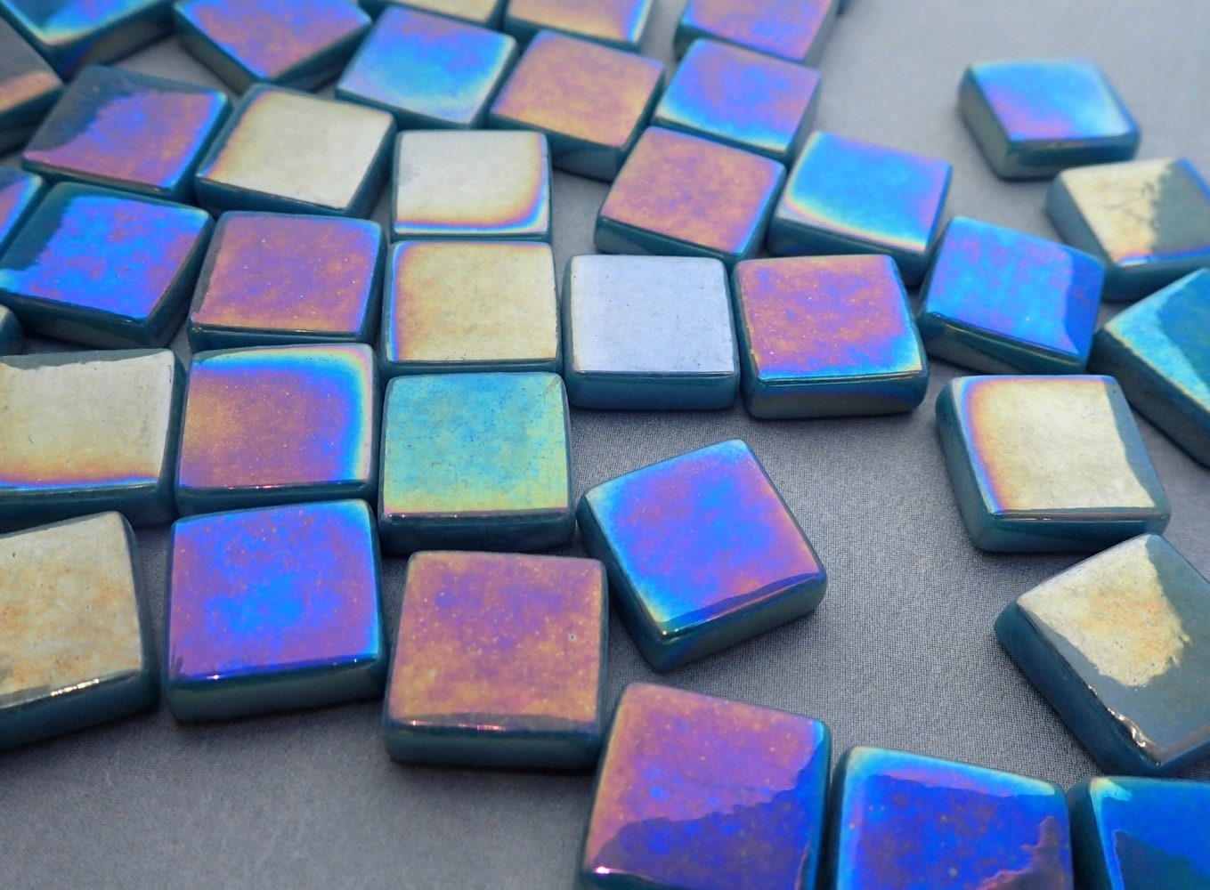 Dark Teal Iridescent Glass Square Mosaic Tiles - 12mm - Opaque Glass Solid Color - 50g of Squares