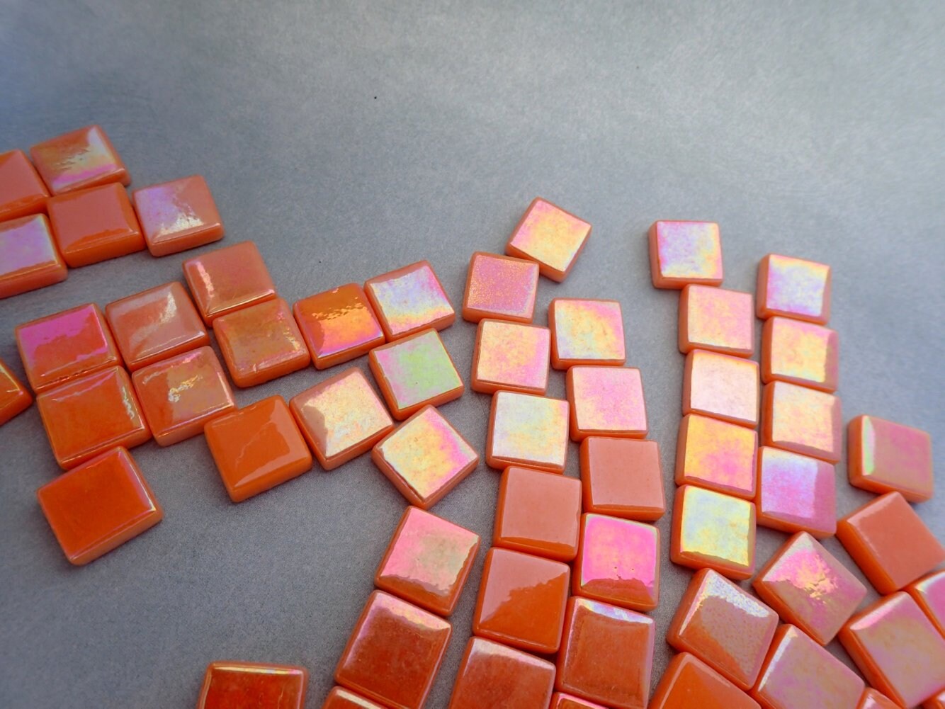 Orange Iridescent Glass Square Mosaic Tiles - 12mm - Opaque Glass Solid Color - 50g - Approx 35 Tiles