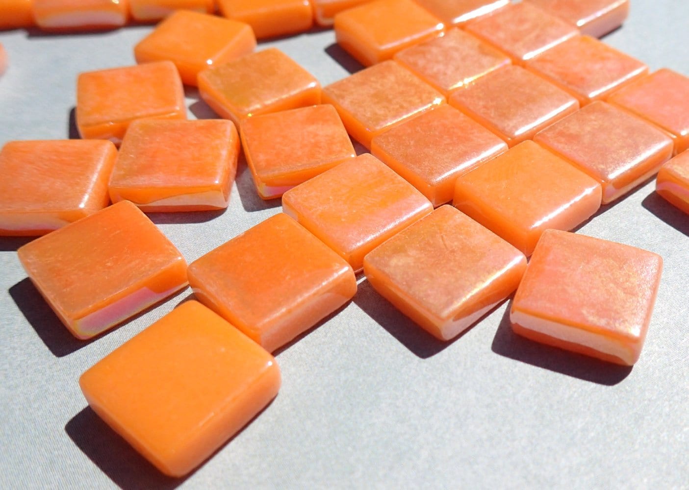 Orange Iridescent Glass Square Mosaic Tiles - 12mm - Opaque Glass Solid Color - 50g - Approx 35 Tiles