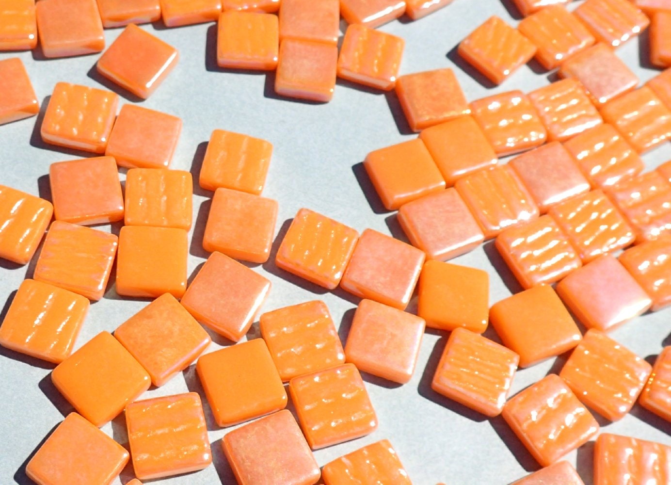 Orange Iridescent Glass Square Mosaic Tiles - 12mm - Opaque Glass Solid Color - 50g - Approx 35 Tiles