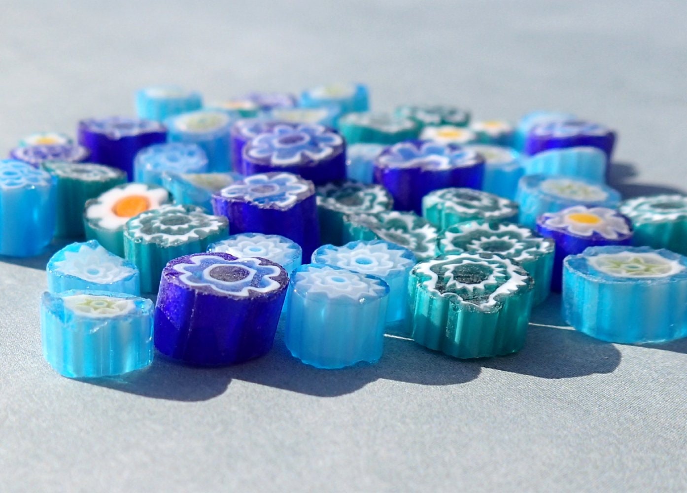 By the Sea Blue Millefiori - 25 grams - Mix of Different Floral Patterns