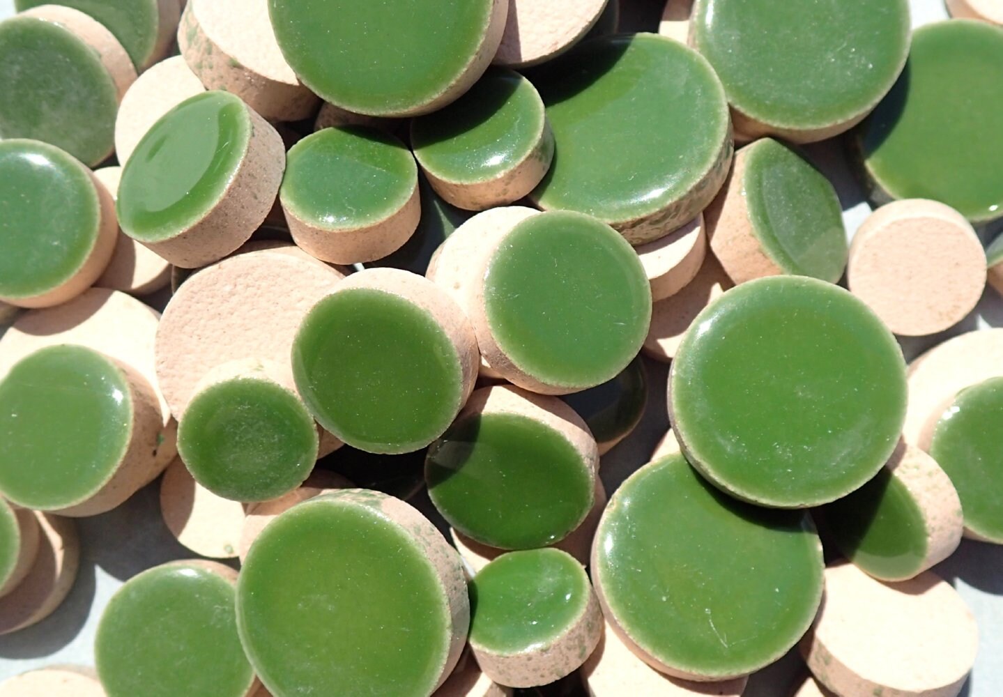 Eucalyptus Green Circles Mosaic Tiles - 50g Ceramic in Mix of 3 Sizes 1/2" and 3/4" and 5/8"