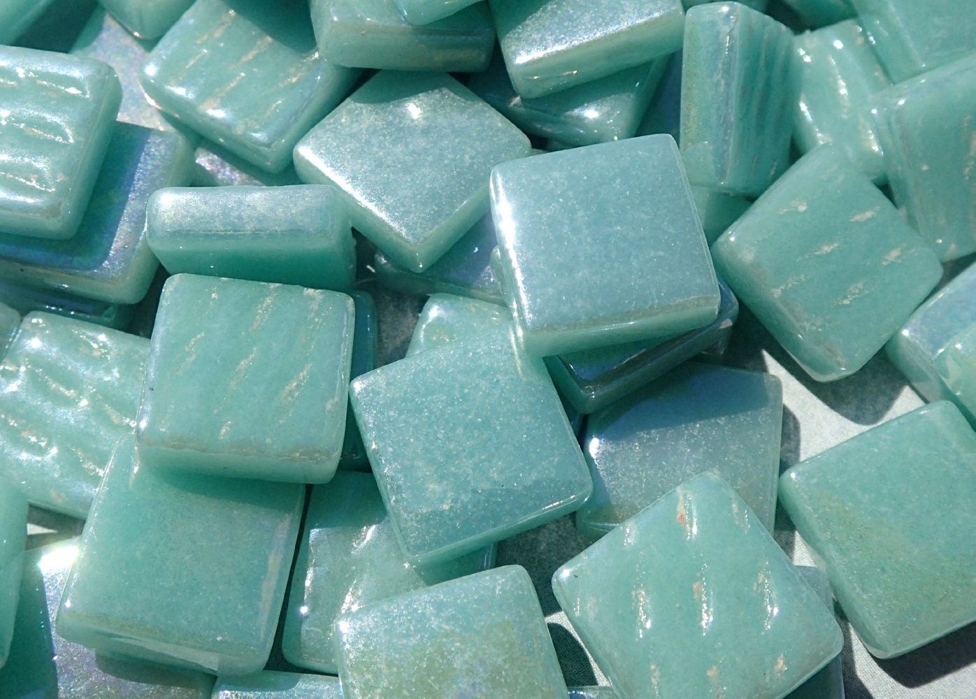 Light Teal Iridescent Glass Square Mosaic Tiles - 12mm - Opaque Glass Solid Color - 50g - Approx 35 Tiles