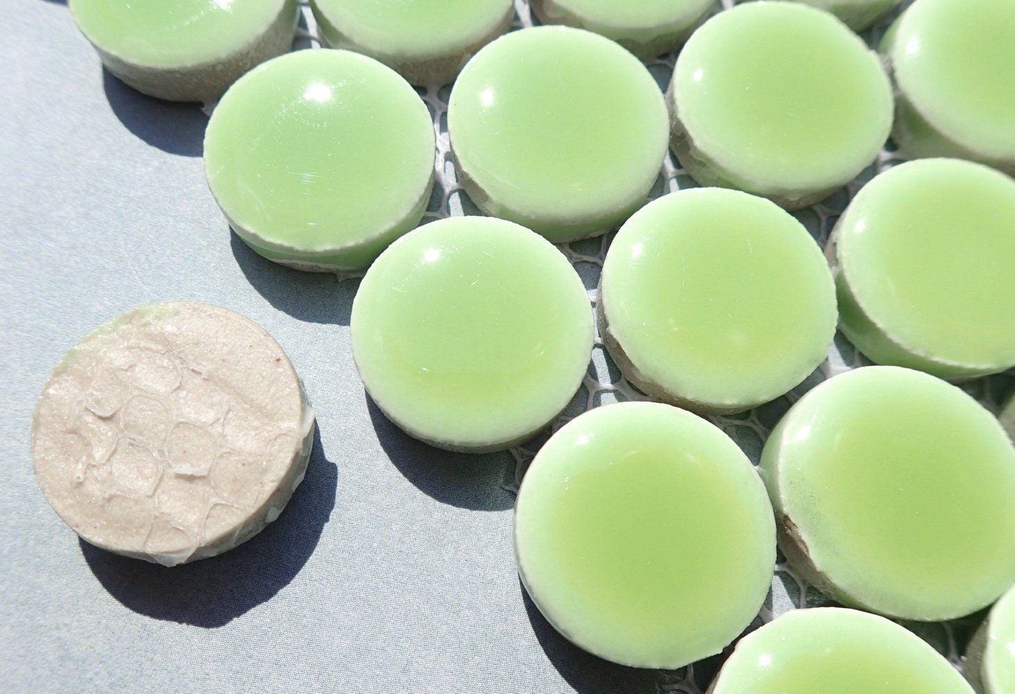 Electric Lime Green Ceramic Mosaic Penny Rounds - 25 Tiles - 2cm Circles