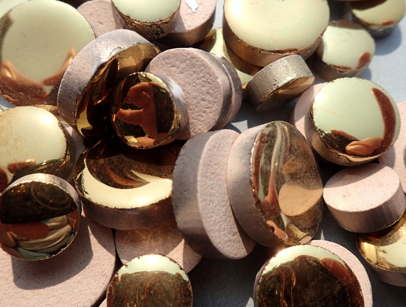 Gold Circles Mosaic Tiles - 50g Ceramic in Mix of 3 Sizes 1/2" and 3/4" and 5/8" Metallic