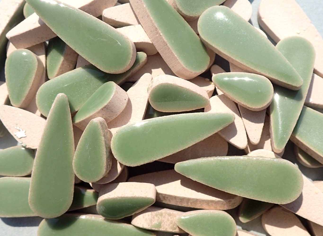 Jade Green Teardrop Mosaic Tiles - 50g Ceramic Petals in Mix of 2 Sizes 1/2" and 3/5"