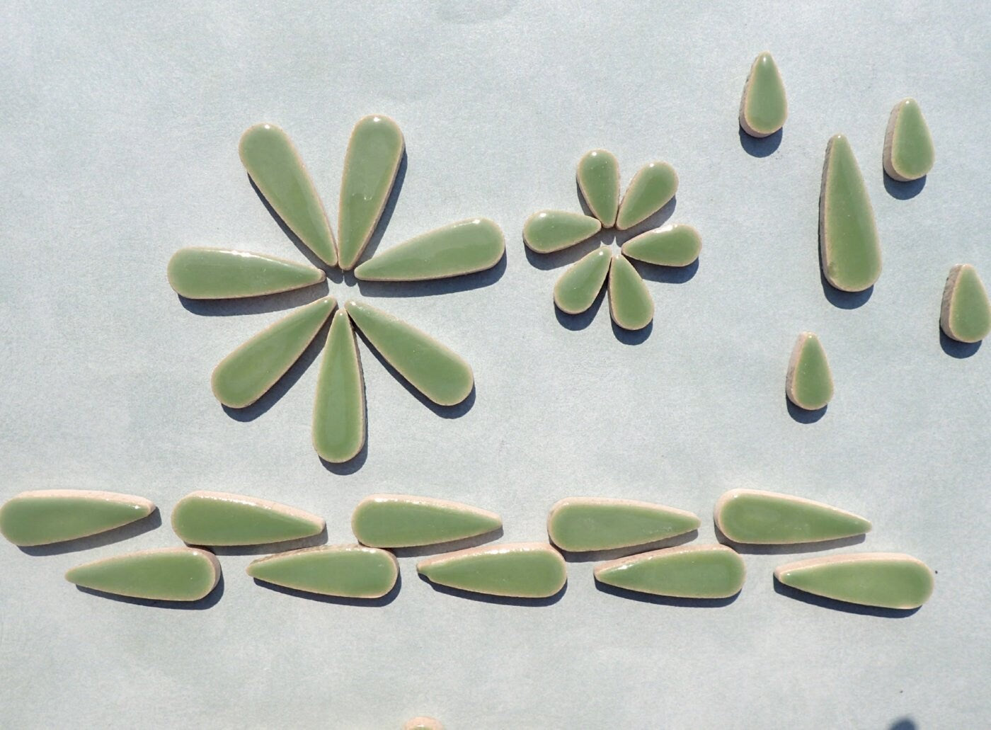 Jade Green Teardrop Mosaic Tiles - 50g Ceramic Petals in Mix of 2 Sizes 1/2" and 3/5"