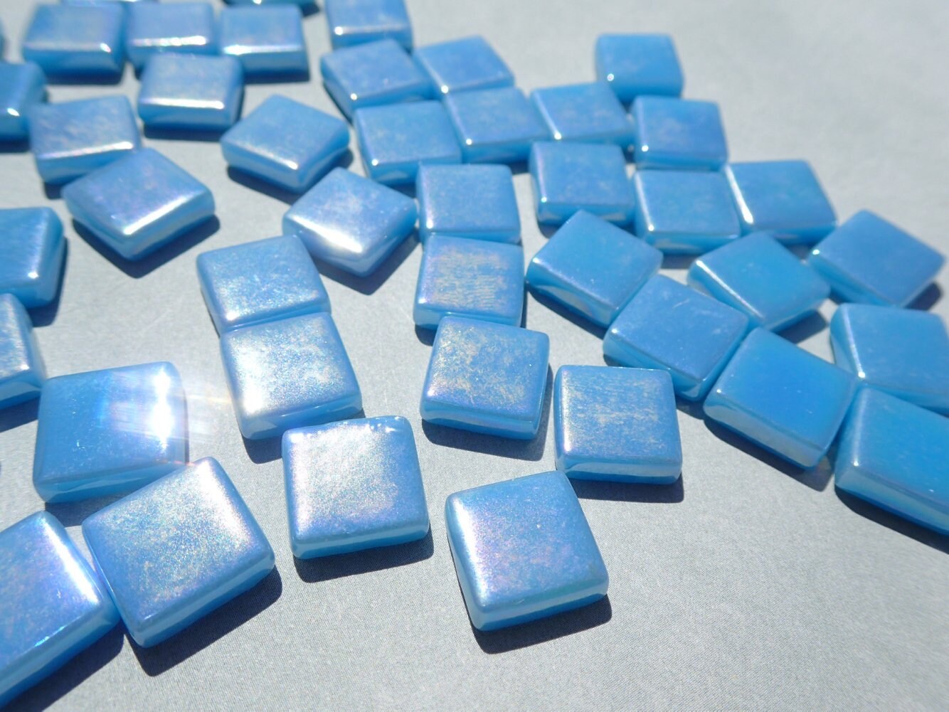 Lake Blue Iridescent Glass Square Mosaic Tiles - 12mm - Opaque Glass Solid Color - 50g of Squares in Dusk Blue - Approx 35 Tiles