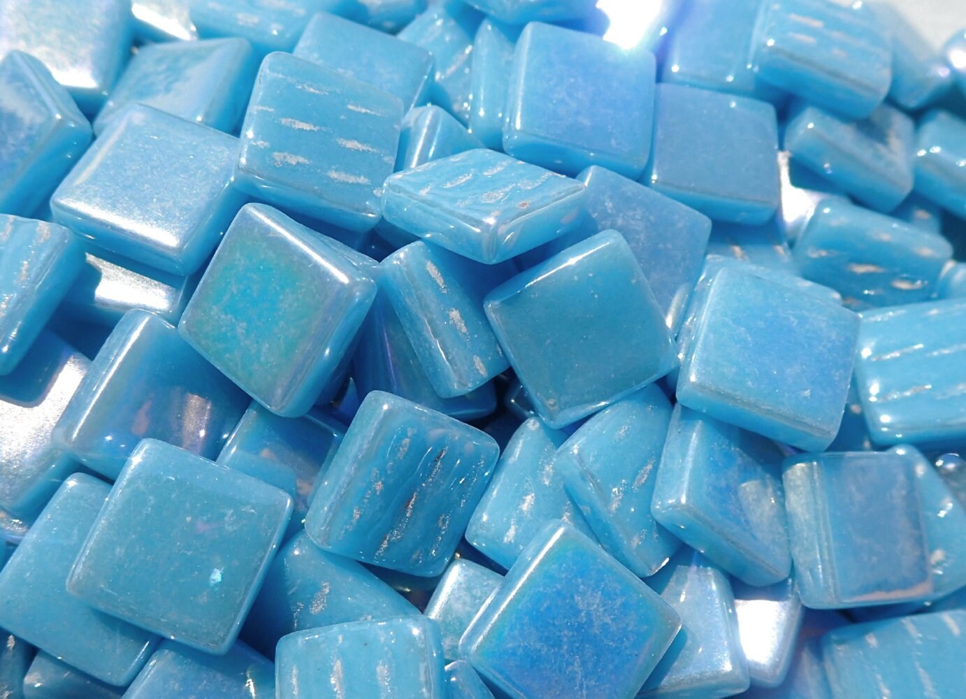 Lake Blue Iridescent Glass Square Mosaic Tiles - 12mm - Opaque Glass Solid Color - 50g of Squares in Dusk Blue - Approx 35 Tiles