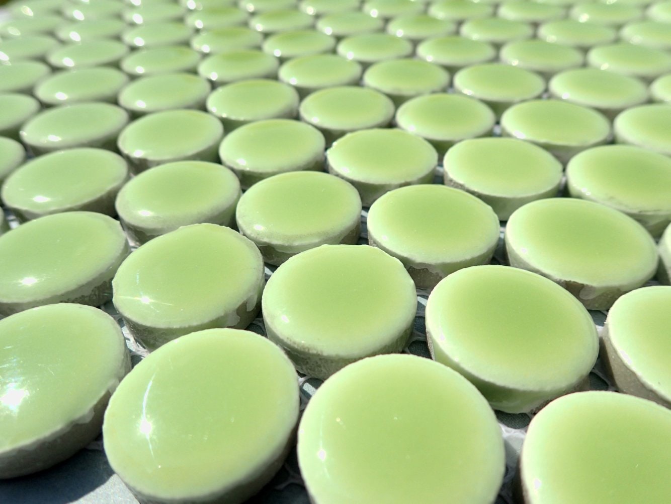 Electric Lime Green Ceramic Mosaic Penny Rounds - 25 Tiles - 2cm Circles