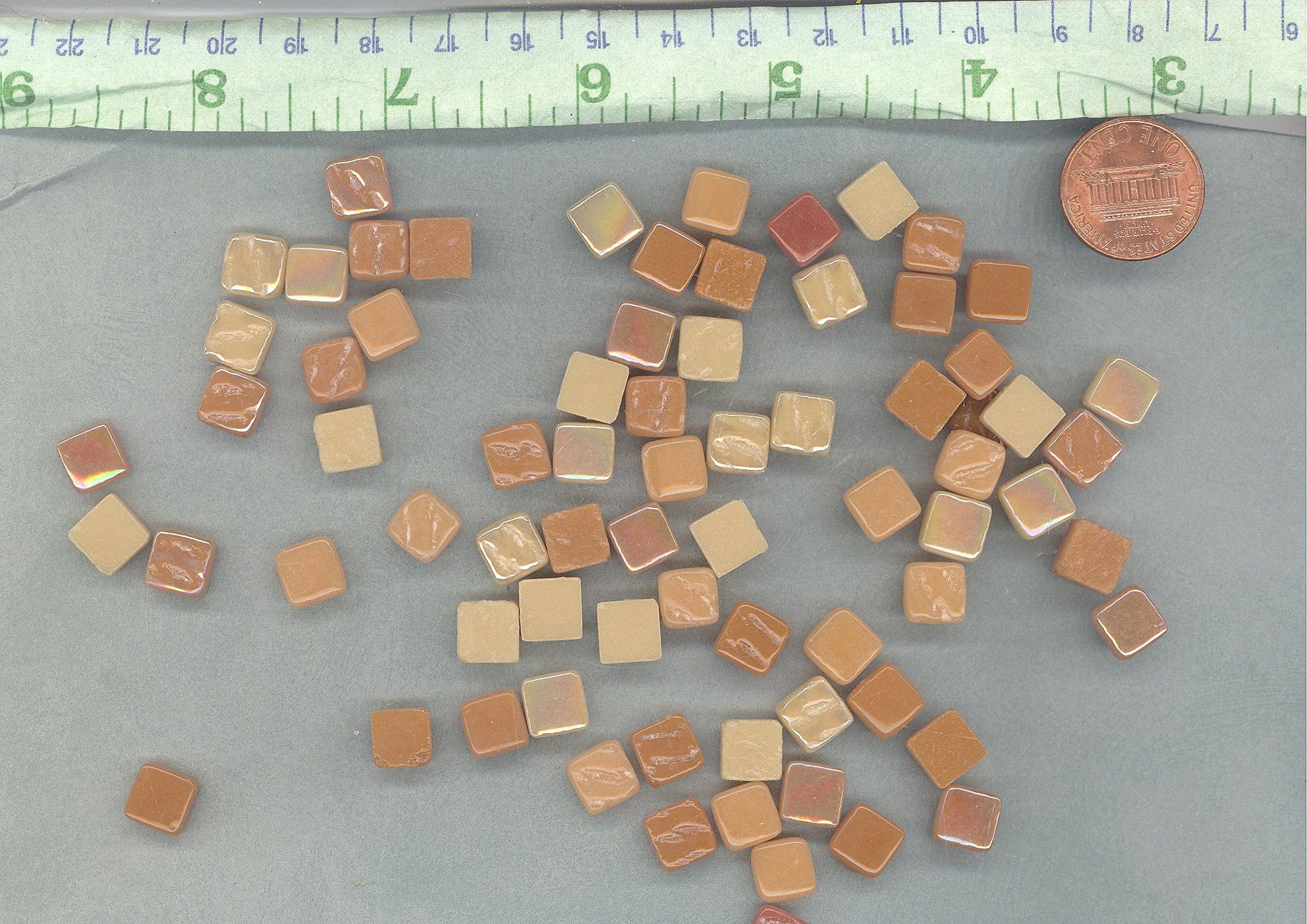 Caramel Mix Mini Glass Tiles - 8mm Square - 50 grams Opaque Glass Solid Color Mix of Bright and Pale Brown Iridescent and Matte Tiles