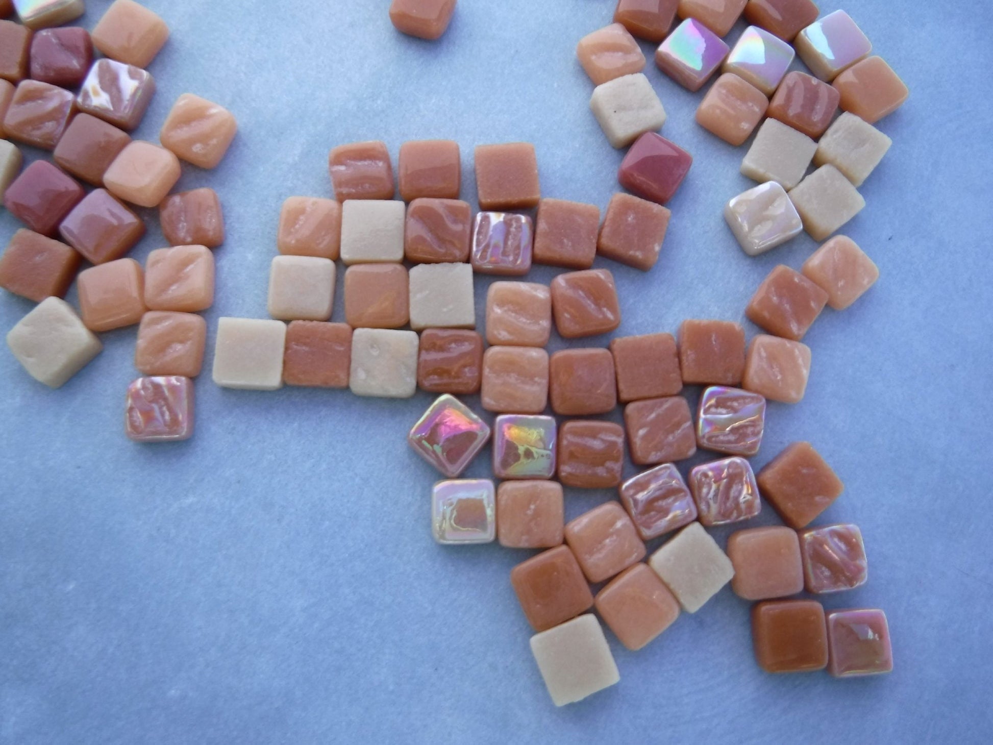 Caramel Mix Mini Glass Tiles - 8mm Square - 50 grams Opaque Glass Solid Color Mix of Bright and Pale Brown Iridescent and Matte Tiles