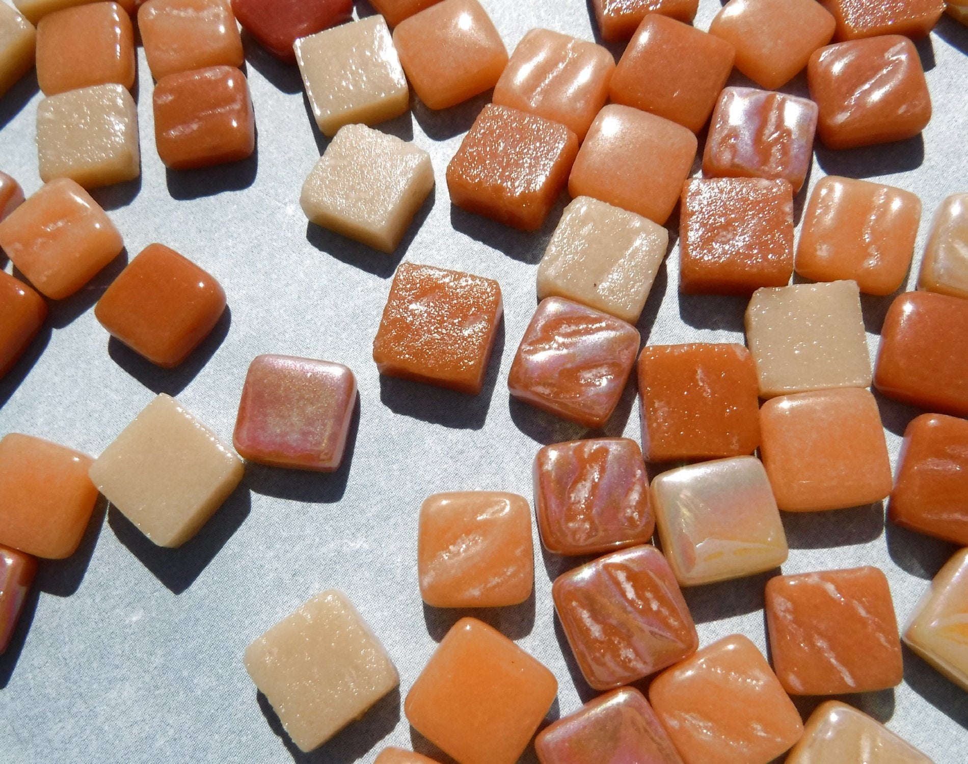 Caramel Mix Mini Glass Tiles - 8mm Square - 50 grams Opaque Glass Solid Color Mix of Bright and Pale Brown Iridescent and Matte Tiles