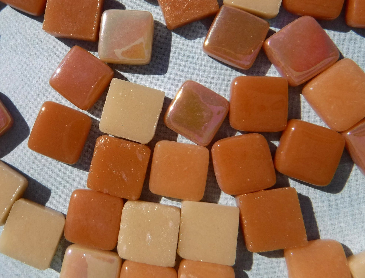 Caramel Mix Mini Glass Tiles - 8mm Square - 50 grams Opaque Glass Solid Color Mix of Bright and Pale Brown Iridescent and Matte Tiles
