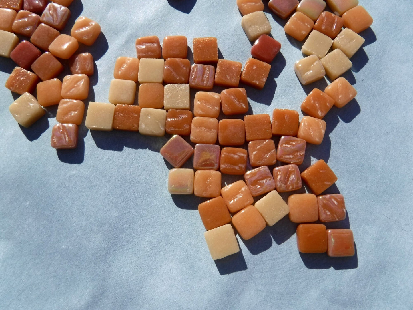 Caramel Mix Mini Glass Tiles - 8mm Square - 50 grams Opaque Glass Solid Color Mix of Bright and Pale Brown Iridescent and Matte Tiles