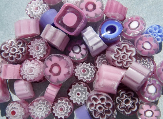 Pink and Purple Millefiori - 25 grams - Unique Mosaic Glass Tile - Mix of Patterns