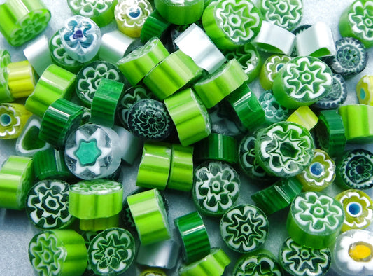 Green Millefiori - 25 grams - Mix of Different Patterns Shapes and Colors
