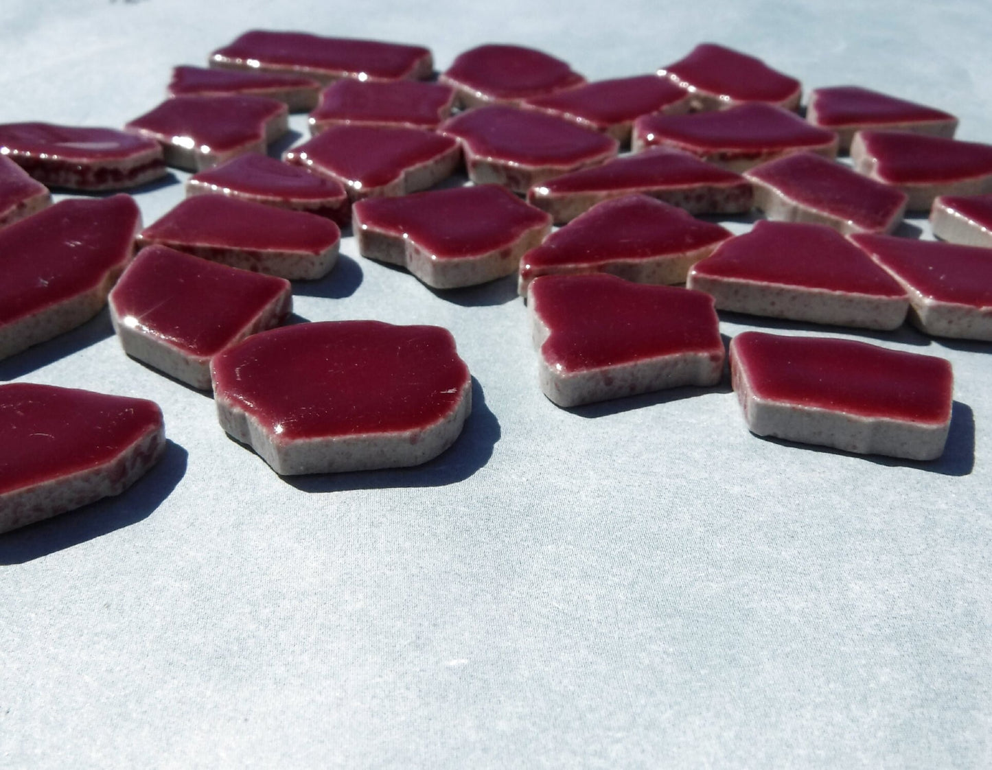 Burgundy Jigsaw Mosaic Ceramic Tiles - Puzzle Shaped Pieces - Half Pound - Assorted Sizes Random Shapes